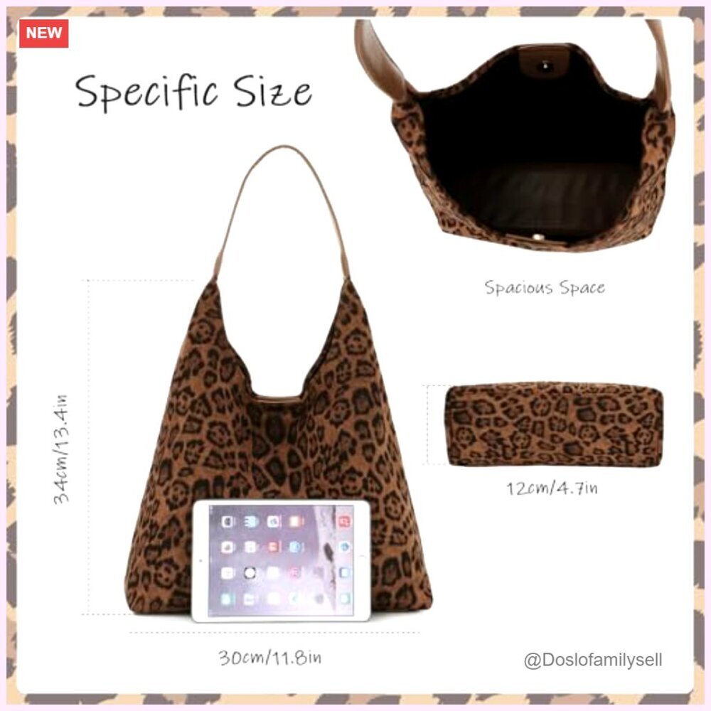 Faux Suede Leopard Print Tote Bag Large Capacity Vintage Hobo Handbag - Picture 4 of 7